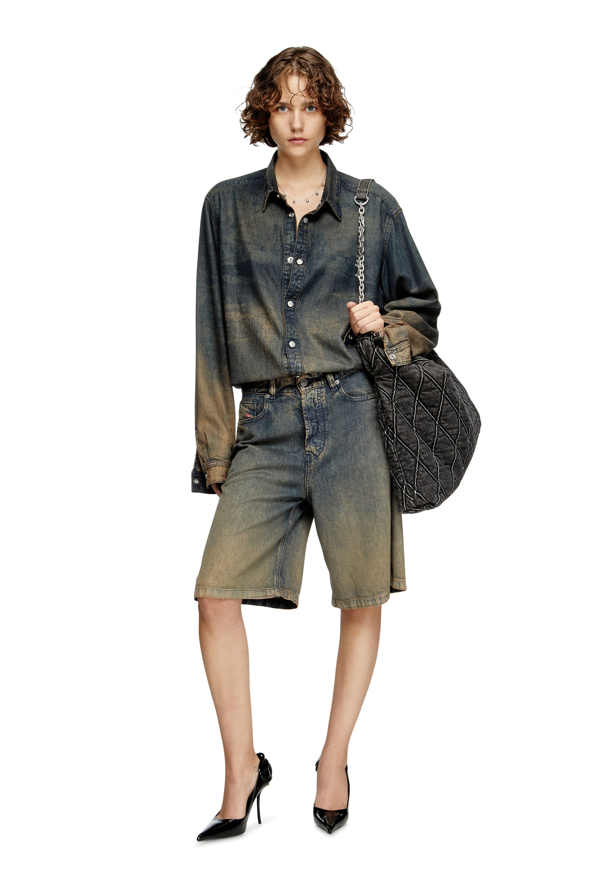 Diesel - CHARM-D HOBO, Woman's Charm-D-Large hobo in treated quilted denim in Black - 6