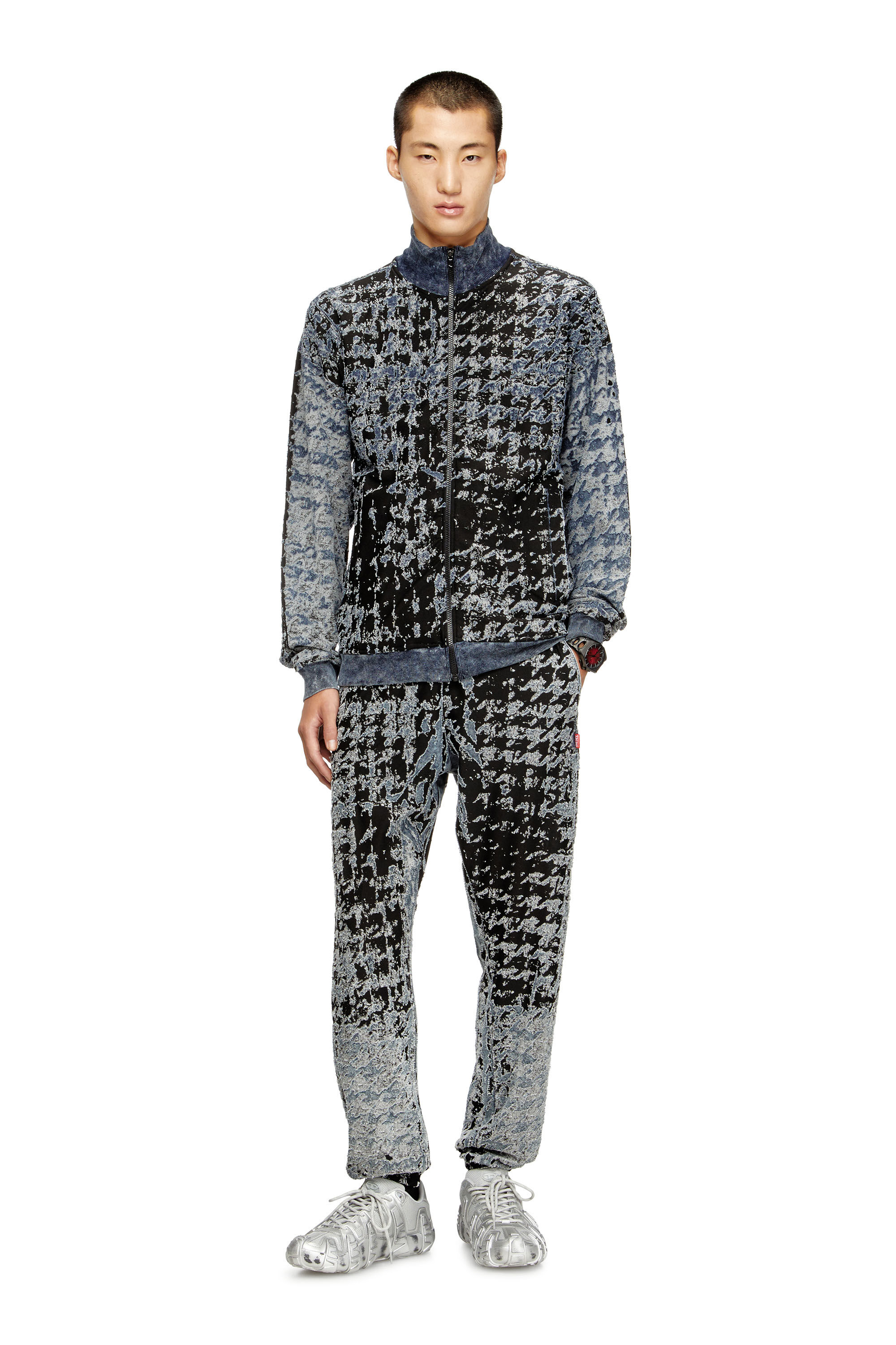 Diesel - S-CORR, Man's Devoré houndstooth zip-up top in Blue/Black - 1