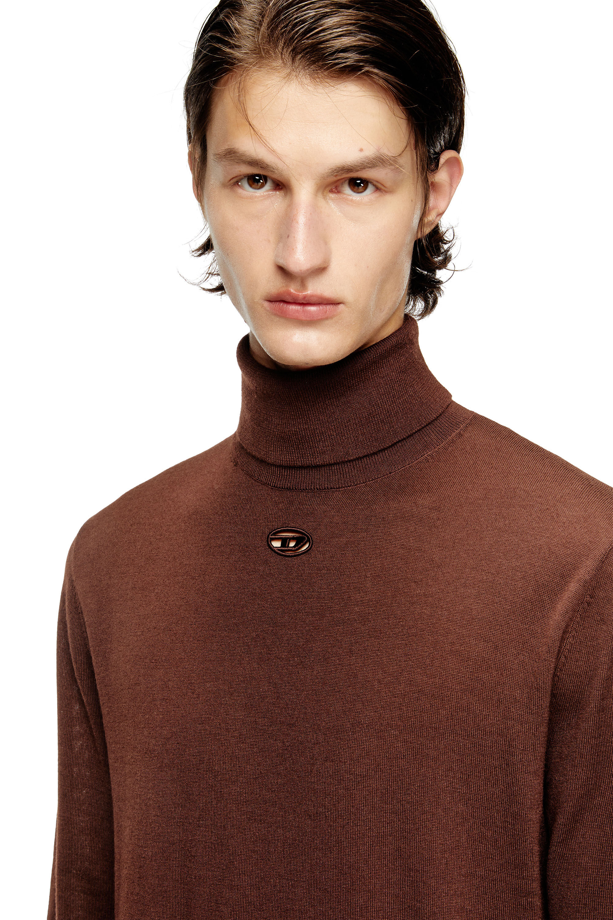 Diesel - K-VARTA, Man's Wool turtleneck jumper with cut-out logo in Brown - 5