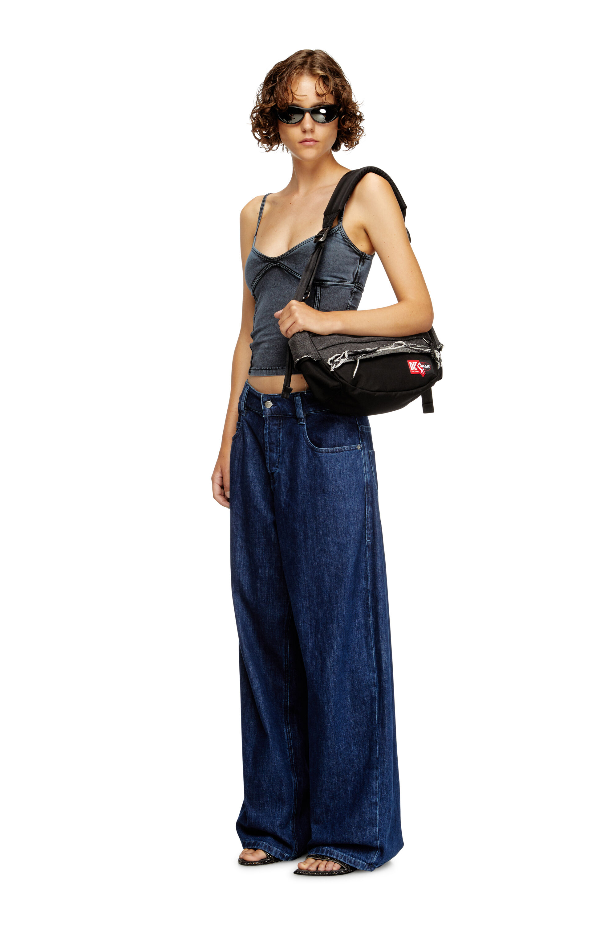 Diesel - DIESEL SHOULDER BAG, Unisex's Shoulder bag in destroyed denim and CORDURA® in Black - 7