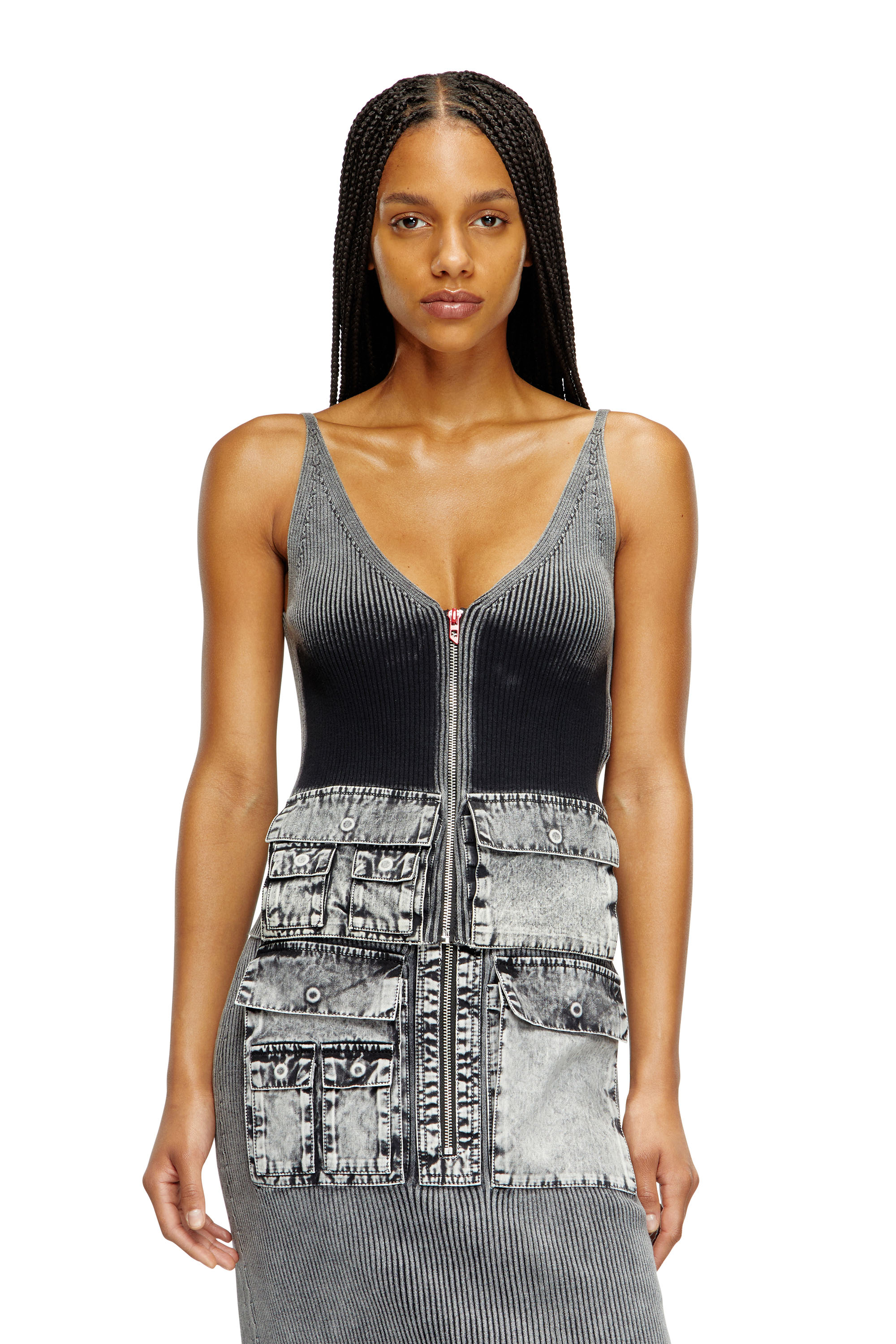 Diesel - M-MELLY, Woman's Knit tank top with denim cargo pockets in Dark grey - 1