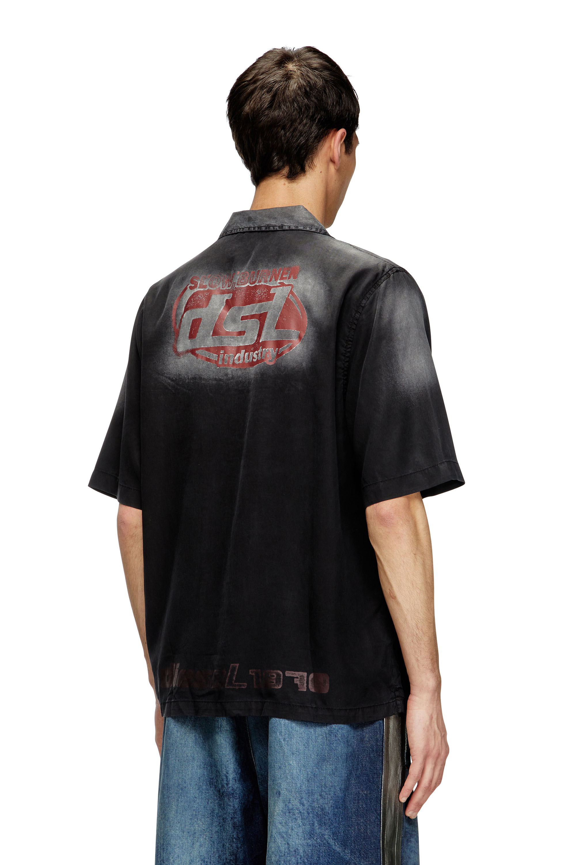 Diesel - S-ELLY, Man's Faded bowling shirt with logo prints in Black - 4