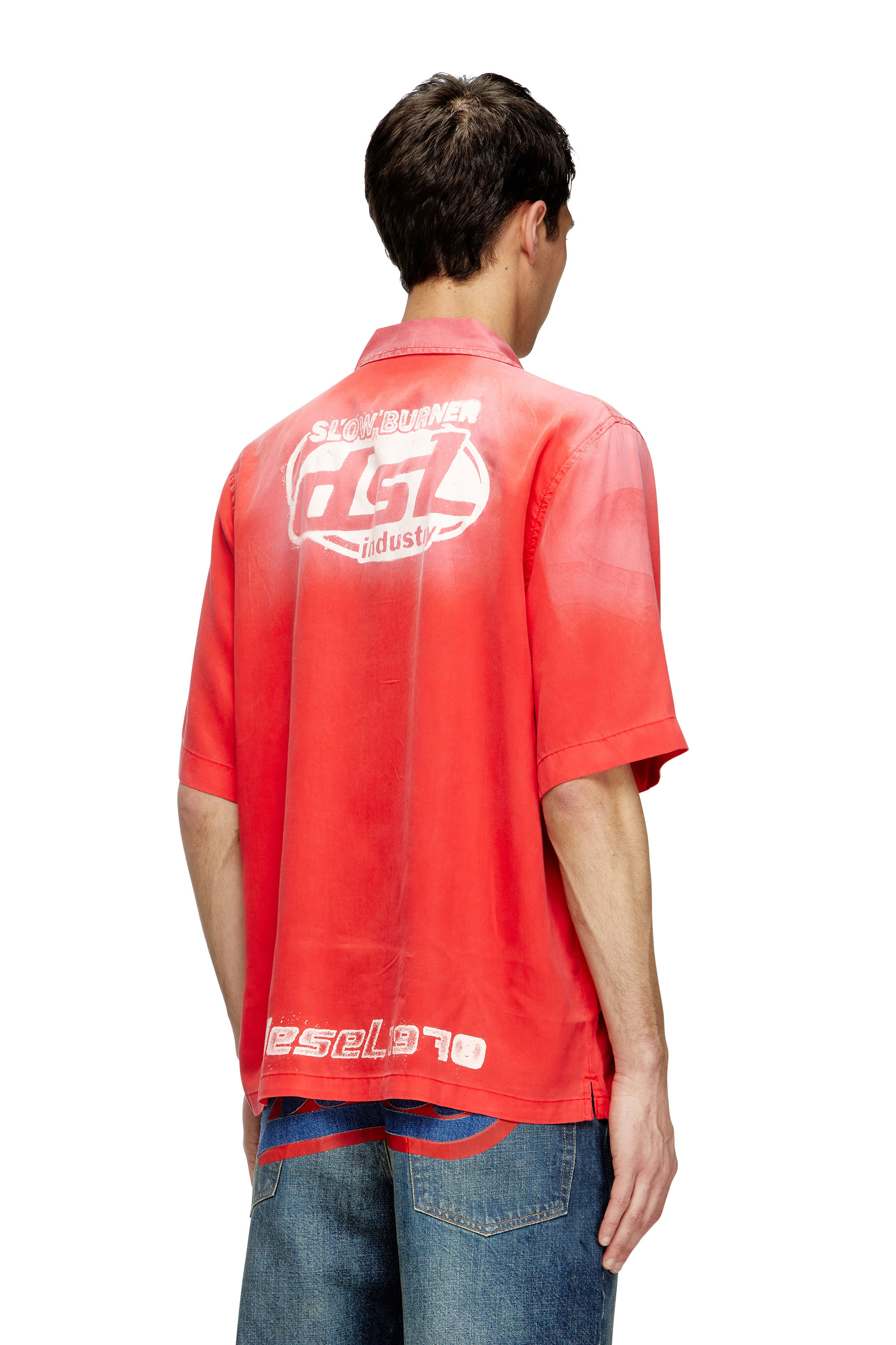 Diesel - S-ELLY, Man's Faded bowling shirt with logo prints in Red - 4