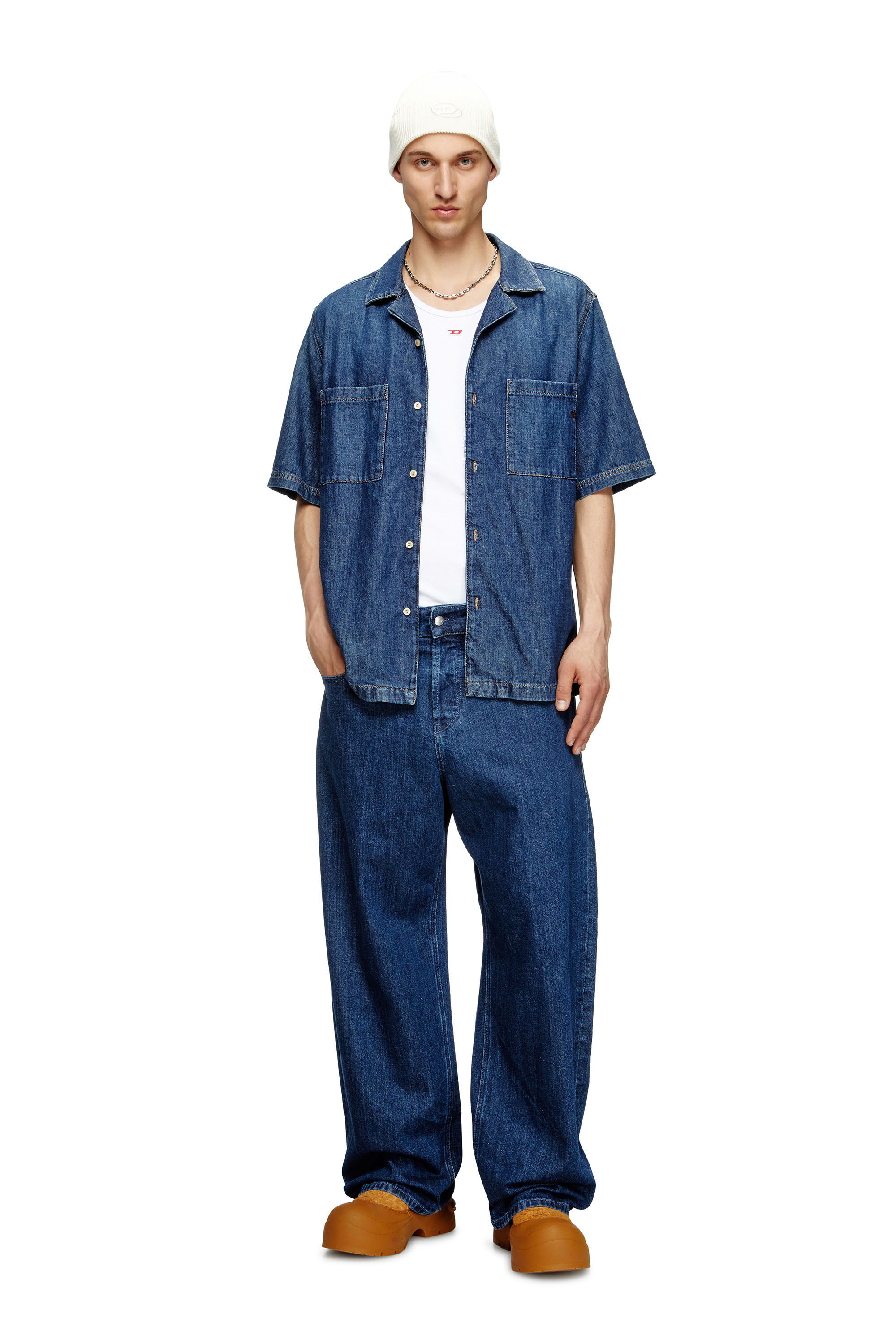 Diesel - D-PAROSHORT, Man's Bowling shirt in denim in Dark Blue - 2