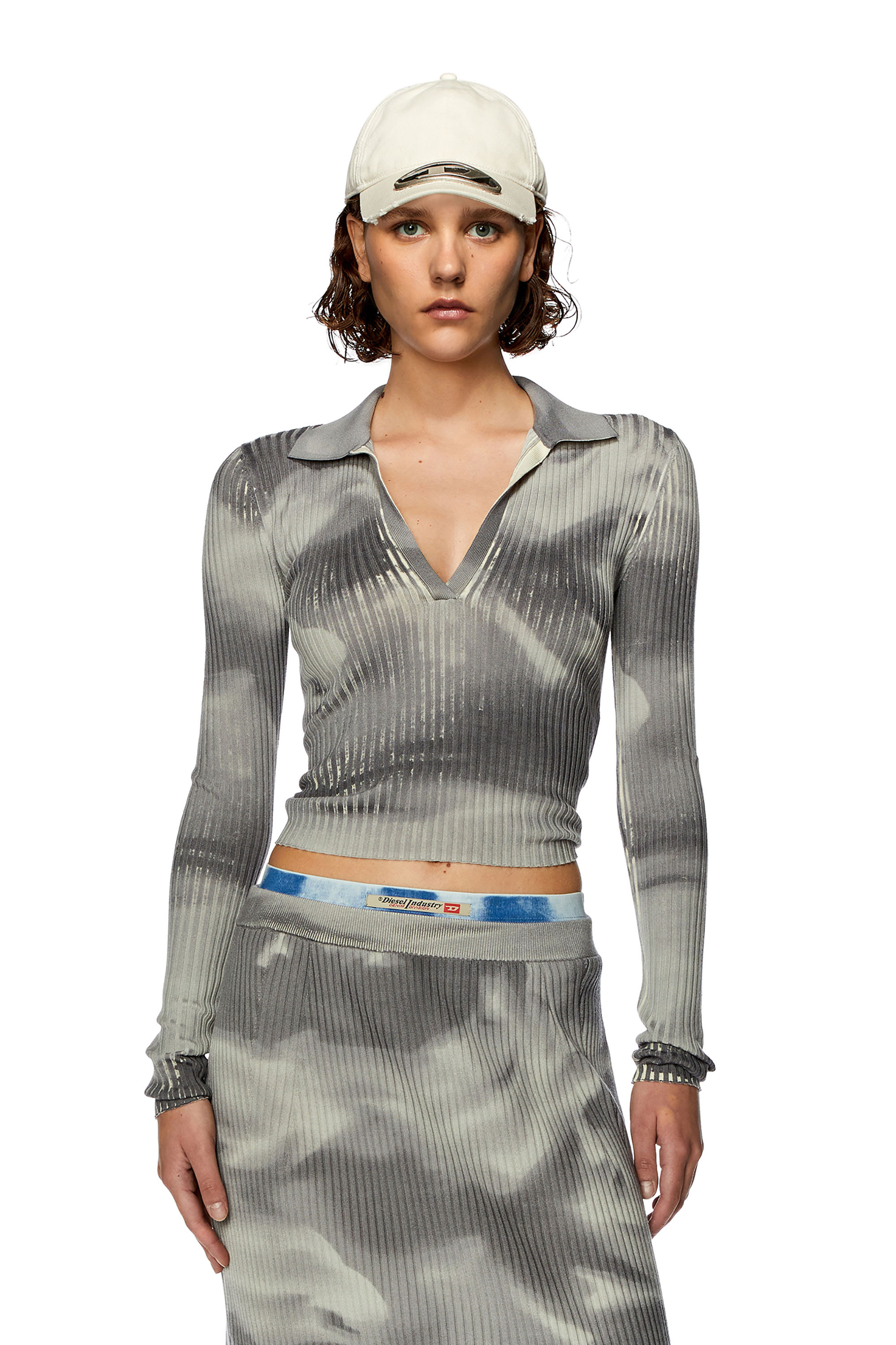 Diesel - M-BRIANA, Woman's Wool-knit polo top with camo print in Grey - 1