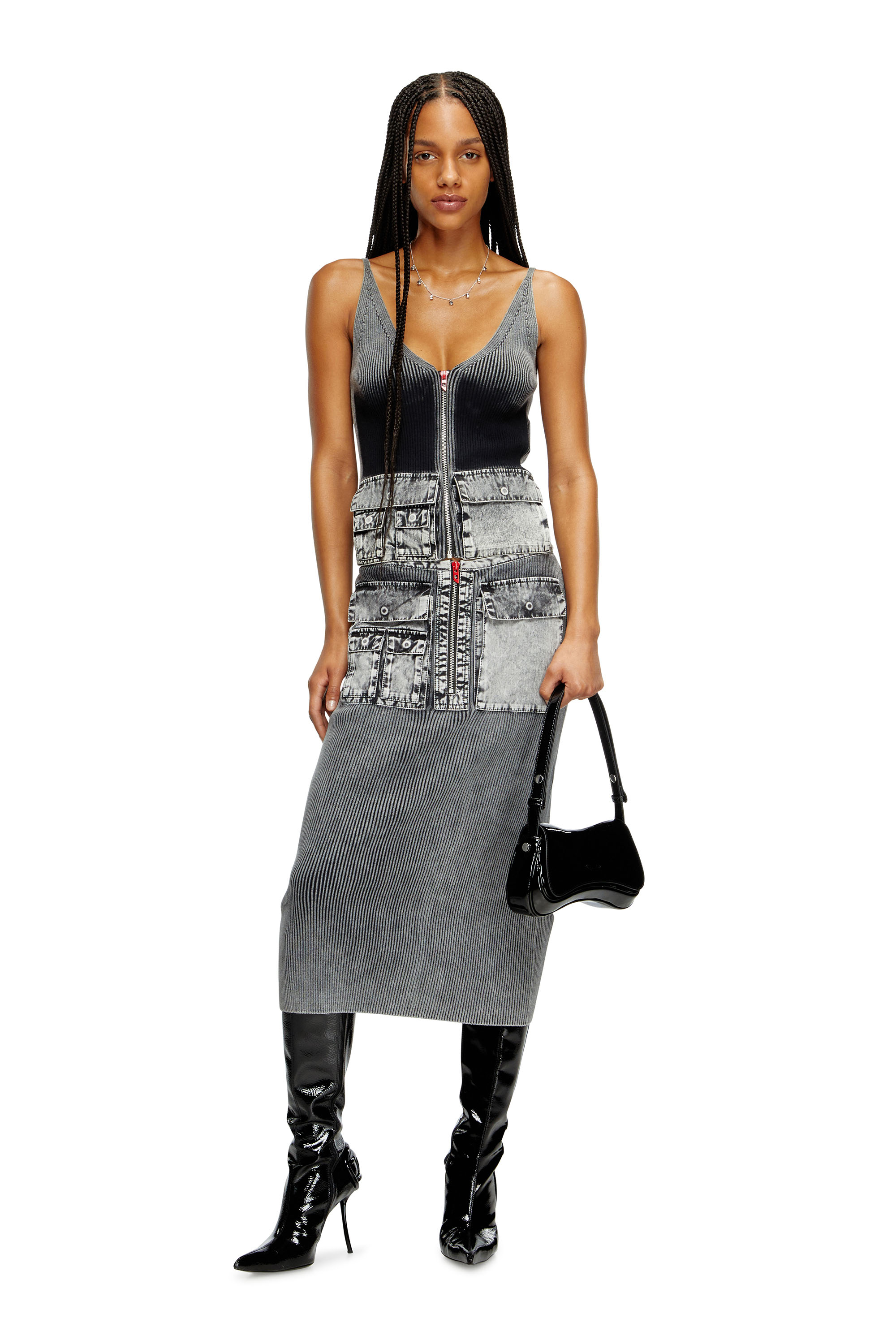 Diesel - M-MELLY, Woman's Knit tank top with denim cargo pockets in Dark grey - 2